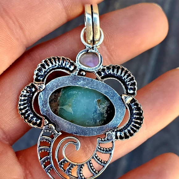 New Chrysoprase & Rainbow Moonstone 925 Silver Pendant - Picture 5 of 16